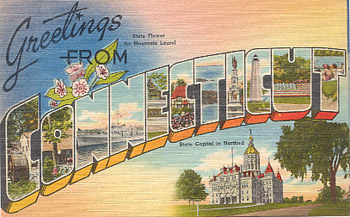 Featured is a Connecticut big-letter postcard image from the 1940s obtained from the Teich Archives (private collection).